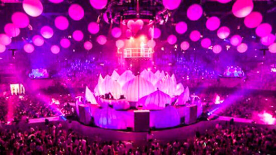 Sensation Innerspace all-white dance event with aerial performers above the Ticketpro Dome crowd