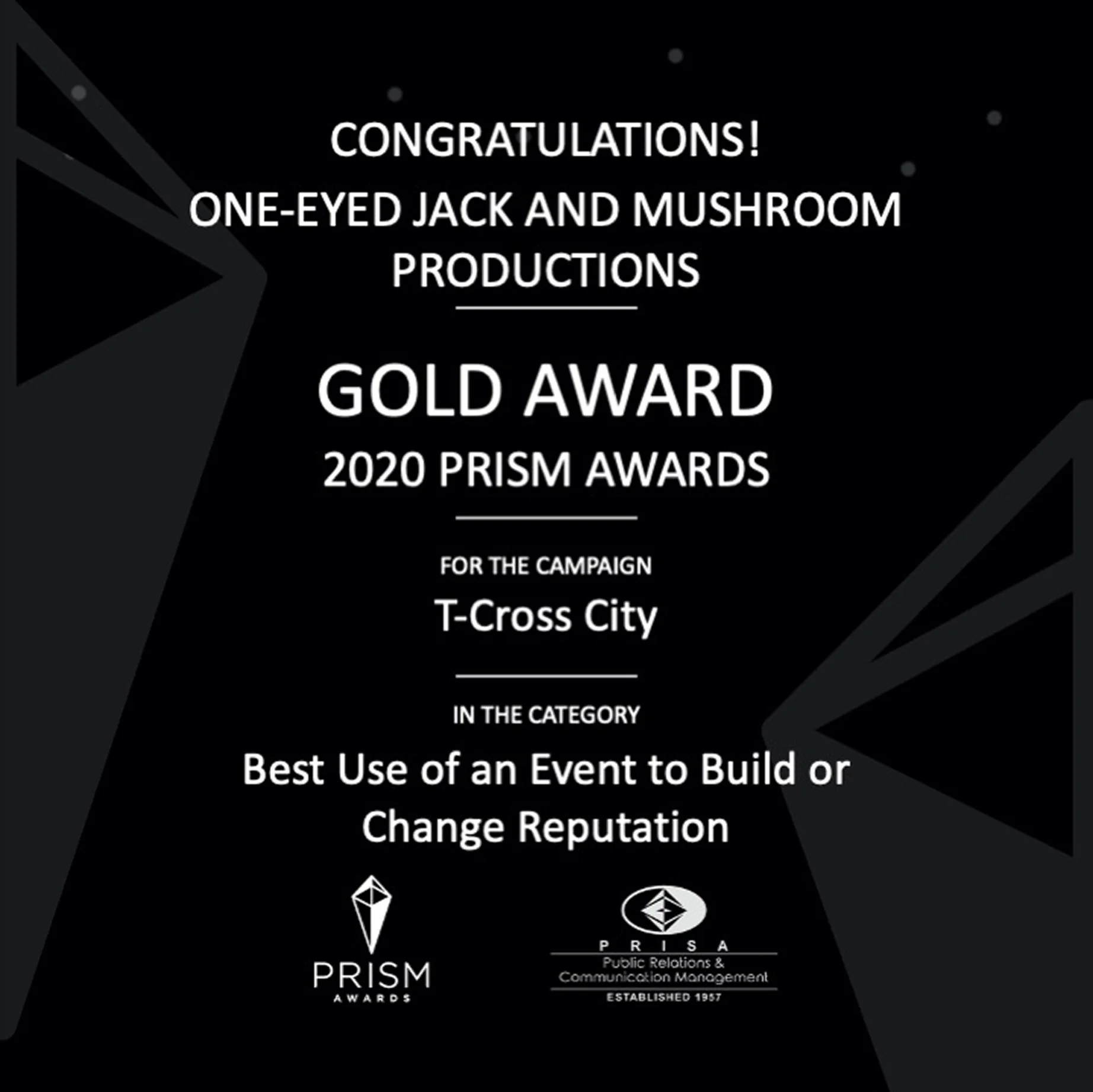 PRISM Gold award certificate recognising Mushroom Productions for Best live event and best event of a large scale nature