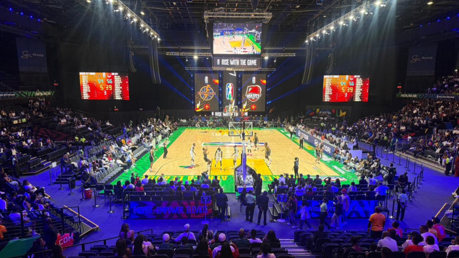 Mushroom Productions delivering sports entertainment event production at the Basketball Africa League with full arena lighting and LED scoreboards