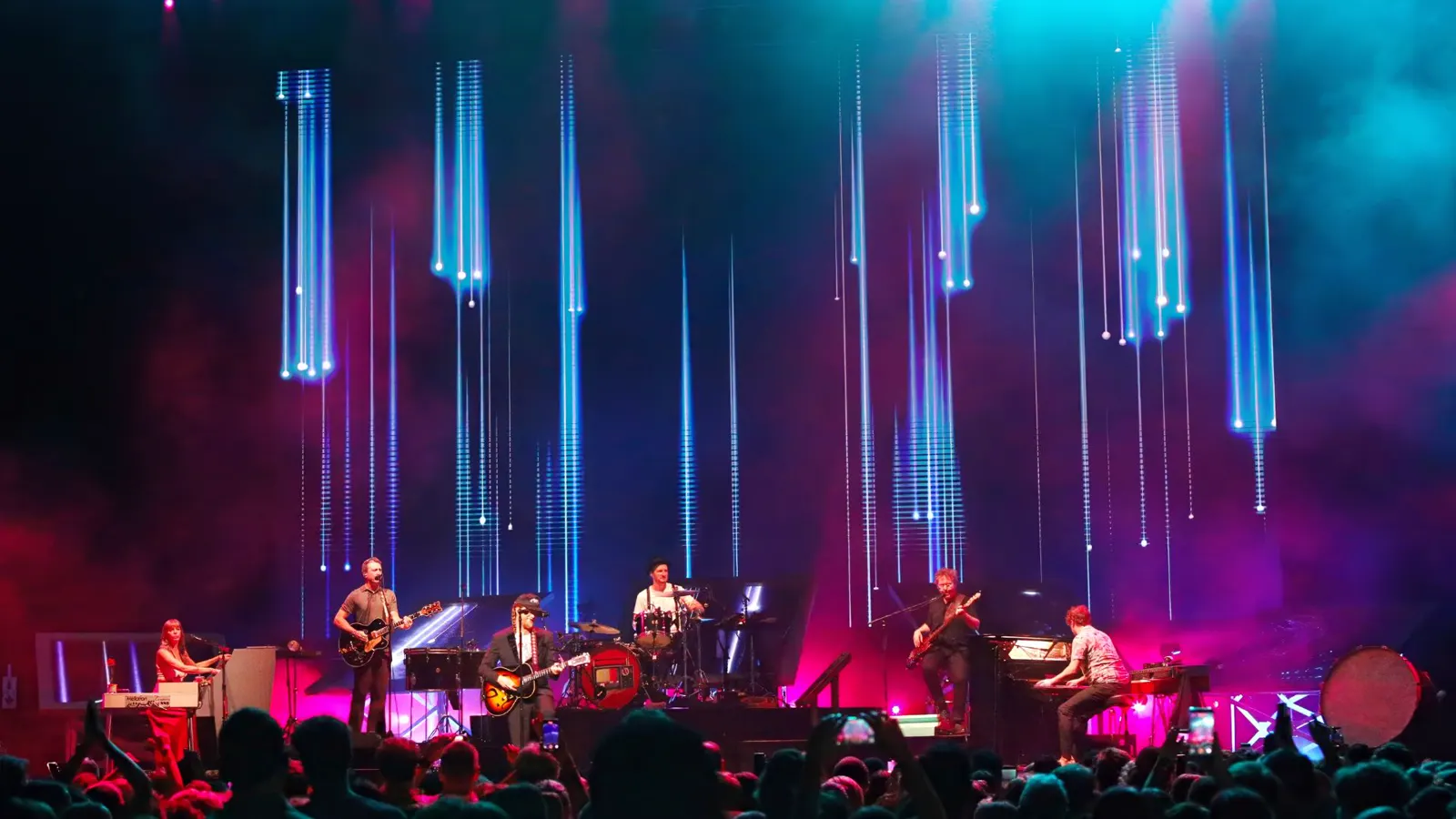 Mushroom Productions live event production with LED pixel bar lighting design, dramatic stage atmosphere and full band performing in South Africa