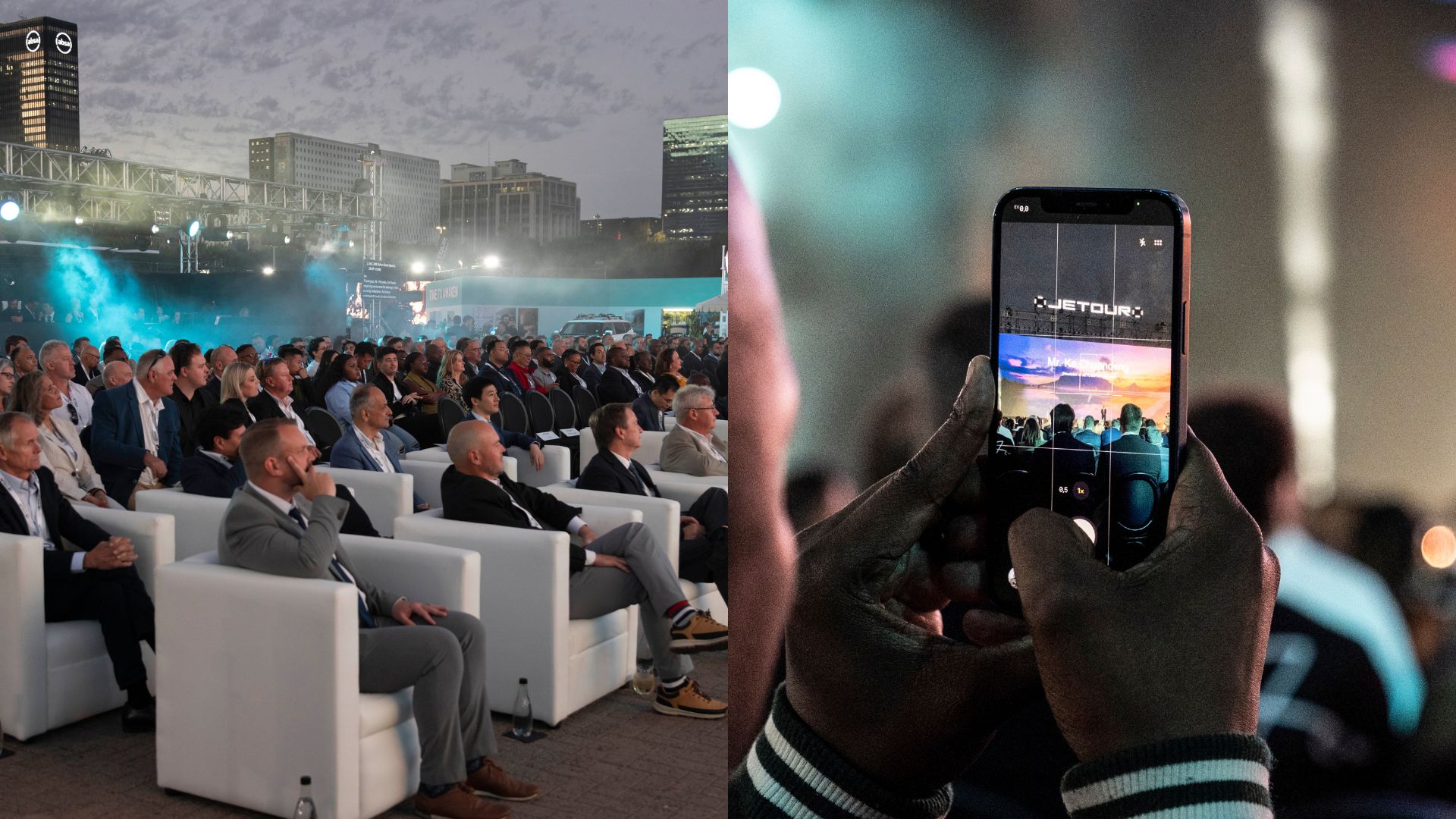mushroom-motion-live-event-production-audience-brand-launch-south-africa Mushroom Motion reality TV and live event production — seated audience at an outdoor brand event alongside a guest filming the Jetour SA launch on a smartphone in South Africa
